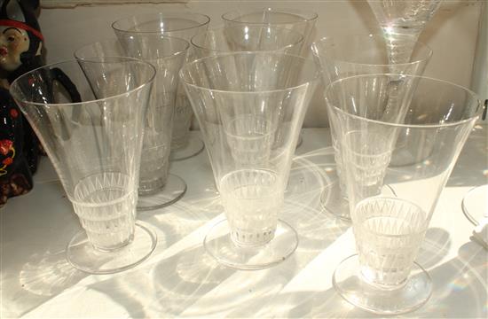 Eight Lalique Bourgeuil pattern glasses and four Lalique Martini glasses, 9.5cm and 15cm, Martini glasses crizzled